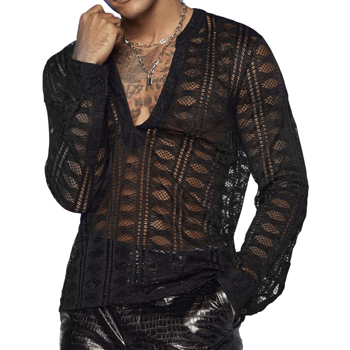 Чоловіча прозора сорочка з довгим рукавом Panegy, мереживна блуза, сітчаста сорочка, облягаючий крій, чорний, XS