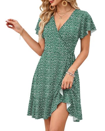Сукня Soerkleid Daen V-подібний виріз, обгортка, висока талія, пляжна, легка, літня, темно-зелена в горошок, розмір L