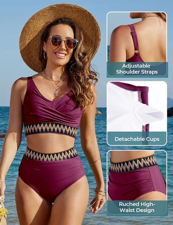 БІКІНІ жіночий комплект з високою талією, купальник з животом, двочастинний сексуальний V-подібний виріз, пуш-ап бікіні, кольоровий смугастий, великі розміри, бікіні для пляжу (пурпурно-червоний, L)