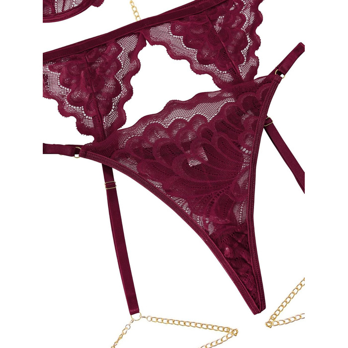 Сексуальний комплект нижньої білизни Lilosy з чокером, мереживний з квітковим візерунком, Push-up, стрінг, для жінок, прозорий бюстгальтер та труси, 3-частини (XXS, ланцюжок Бордовий)
