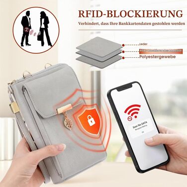 Жіноча сумка-кросбоді для телефону з RFID захистом та 12 відділеннями для карток, шкіряна сумка через плече з ремінцем та гаманець, світло-сіра (Vintage Leder)