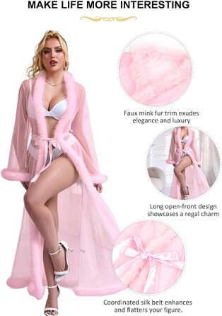 Жіночий халат Ohyeahlady Morgenmantel: сексуальний кімоно з тюлю та штучного хутра, довгий, прозорий, мереживний, для дому, великі розміри, XS-S, рожевий