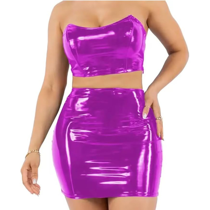 Короткий топ для живота великого розміру, Ветлюкс, ПВХ, Штучна шкіра, без бретелек, з міні-спідницею-олівець, двокольоровий комплект, для жінок, персоналізований, Фуксія XXL