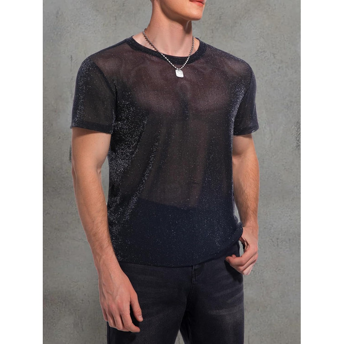 Чоловіча футболка Hawiland з блискітками, сітка, мереживо - для вечірок, клубів, рейв-вечірок. Чорний колір, розмір S