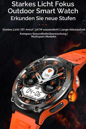 Смарт-годинник findtime Military — ударостійкий тактичний годинник з компасом, LED-ліхтариком, функцією дзвінків та моніторингом пульсу 24h, для Android та iOS (Помаранчевий)