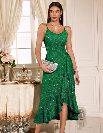 Сукня коктейльна DRESSTELLS для вечірки, весілля, святкування. Зелена сукня на тонких бретелях, довжина до колін, з блискітками, розмір M