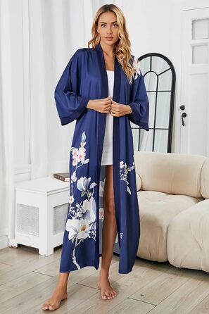 Жіночий шовковий халат-кімоно Moreone з квітковим принтом, довгий, нічна сорочка, атласний халат для нареченої та подружок нареченої (5-marine)