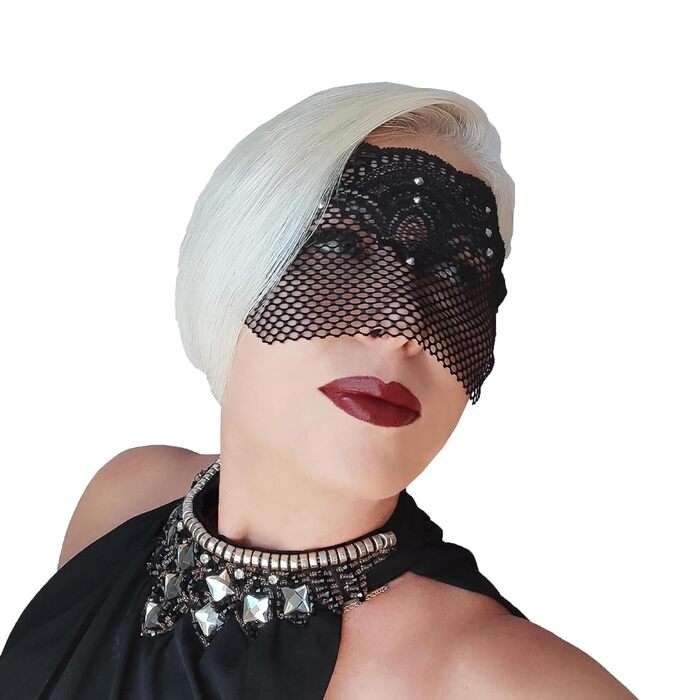 Чорна мереживна півмаска для жінок з червоними стразами – венеціанська маска для маскараду, карнавалу, весілля, вечірки, косплею, бурлеску та Марді Гра (Чорний (білі стрази))