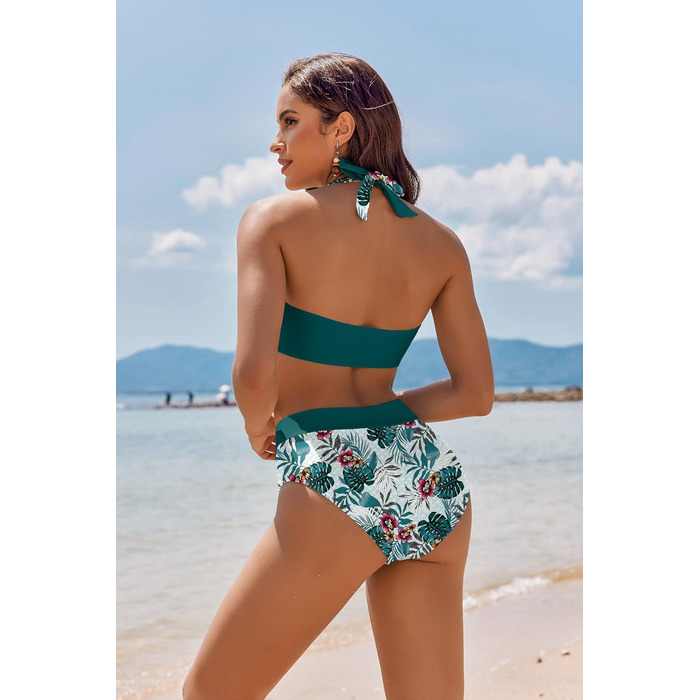 Бікіні Ecouaer для жінок, комплект двочастинний з високою талією, корегуючий животик, купальник з зав'язками на шиї, S-XXL XL, зелений