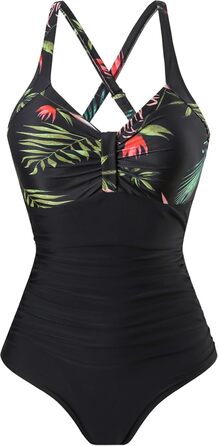 Купальник жіночий Laorchid Monokini з високою талією, корегуючий, з V-подібним вирізом, чорний, з рослинним принтом