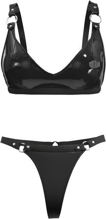 Жіночий комплект спідньої білизни з еластичної шкіри, шорти, блискучий PVC, шкіра, латексний бюстгальтер, регульований, чорний