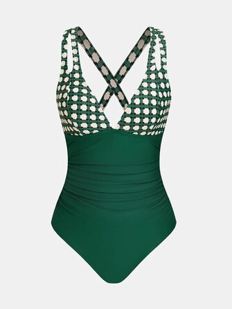 Купальник CUPSHE з V-подібним вирізом, бавовна, корегуючий, глибокий виріз на спині, монокіні, Oivgrün/Tropisch (XL, Smaragdgrün/Geo)