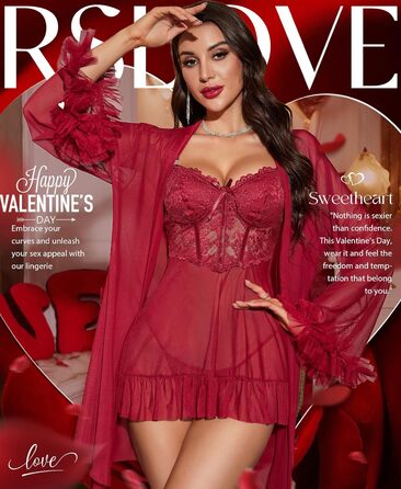 RSLOVE Комплект сексуальної білизни для жінок - мереживний комплект ніжної білизни Babydoll з халатом, 2-частинний, Negligee, нічна сорочка, бордовий