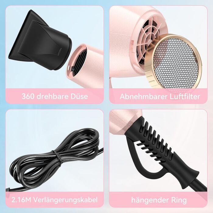 Професійний фен для волосся CONFU 2300W з іонною технологією, дифузором та вузьким соплом, AC-мотор, 3 температурних режими, рожевий